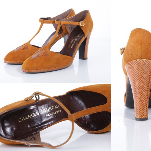 80's CHARLES JOURDAN, Made in France, Pumps in shops suede and brown snake leather, Size 40FR/9US.