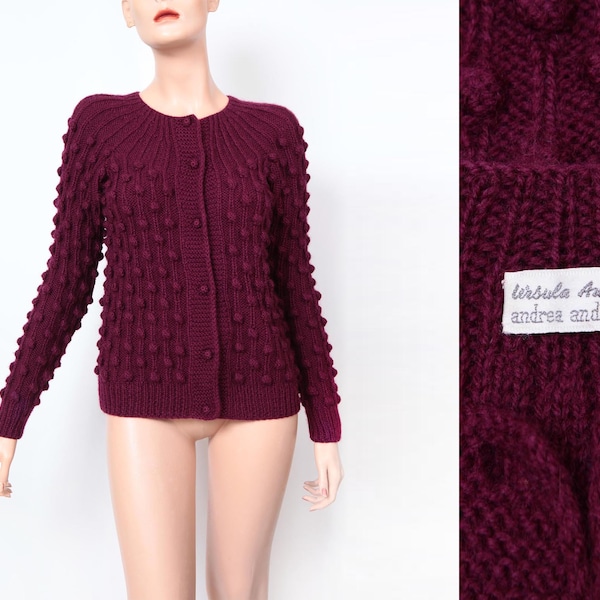 Ursula Aust & Andrea Anders, Vintage cardigan in plum purple color, popcorn knit, 100% wool, Small