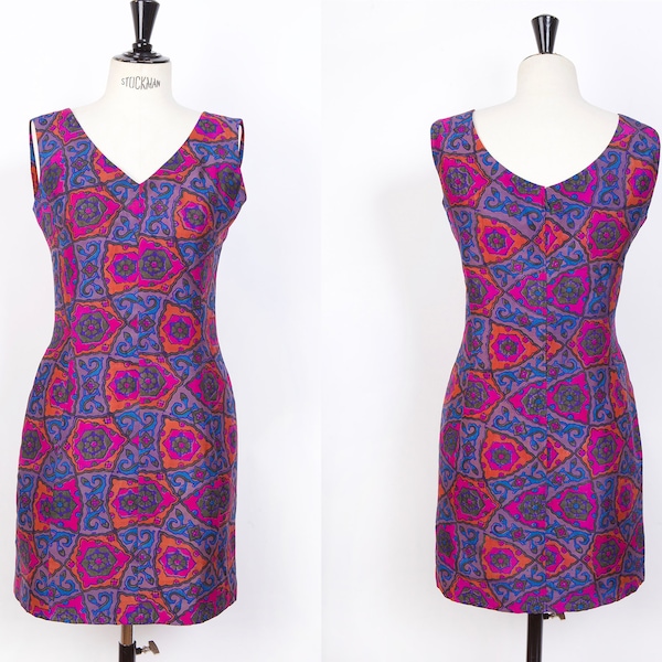 1960s, Floral silk dress, Unique piece made by a seamstress, 38FR/Medium
