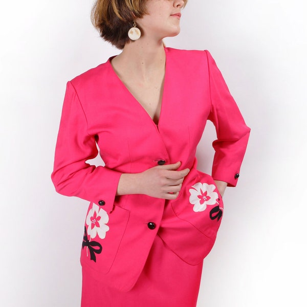 80s NINA RICCI Superb jacket set with pink linen skirt, Made in France, 100% linen. T38FR