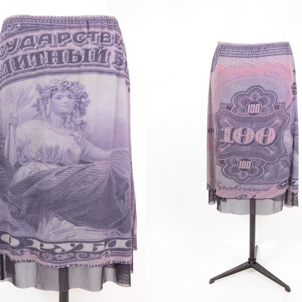 GAULTIER STYLE, Mid-length mesh skirt from the 2000s, Banknote pattern, Size XL/42FR.