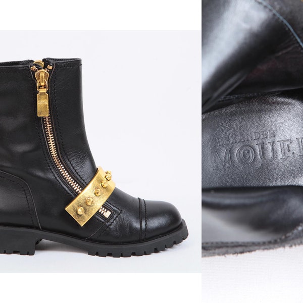 Alexander McQueen 2000S, Mustard leather boots, Rock style ankle boots, Size 35EU.