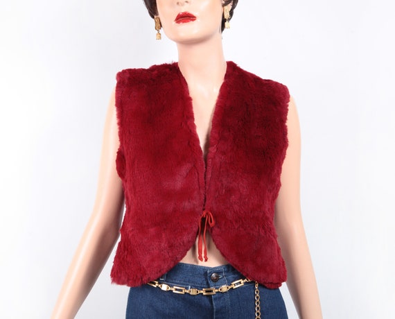 Vintage embroidered red rabbit fur and suede vest… - image 6