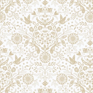 May include: A repeating pattern featuring a symmetrical design of stylized birds, flowers, and foliage in a muted gold color against a white background. The design includes detailed floral elements and small star-shaped accents, creating a classic, elegant aesthetic.