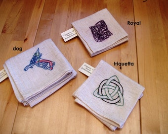 Custom Celtic Knotwork Handkerchief - Organic Handwoven Cotton/Linen hand embroidered with linen floss - 13 or 20 inch - made to order