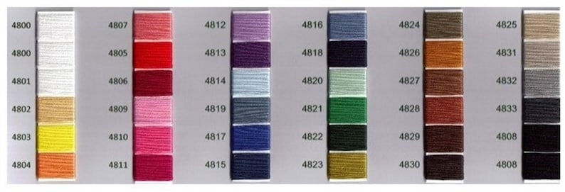 May include: A color chart with 36 different thread colors, numbered 4800 to 4833. The colors are arranged in rows of six, with each row containing a different shade of the same color.