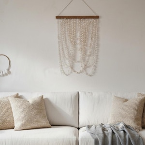 Handmade Capiz Shell Wall Hanging, Boho Coastal Decor, White Shell Curtain, Beach House Art