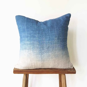 Ivory light indigo throw cushion, Handwoven hand dyed raw cotton, Ethically grown cotton, Handcrafted by artisans, Ombre pillow