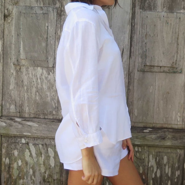 Boyfriend linen shirt, Relaxed fit button-down shirt, Oversized linen shirt, Womens white linen long sleeve shirt