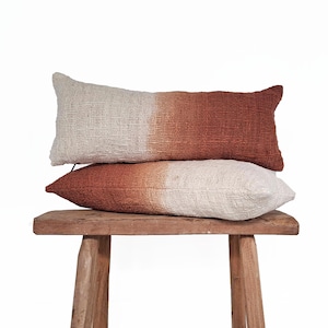 Set of 2 Burnt Orange Ombre Lumbar Cushion Covers, 20x8 Inches, Handwoven raw cotton, Plant dyes