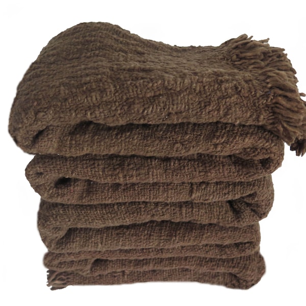 Handwoven Organic Cotton Fringe Throw Blanket, Walnut Brown