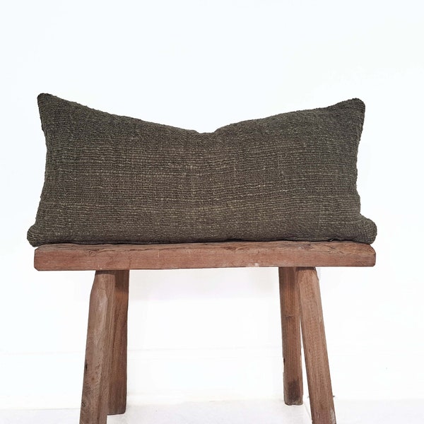 Handwoven Moss Green Lumbar Cushion | Raw Organic Cotton | Local Artisan Craftsmanship