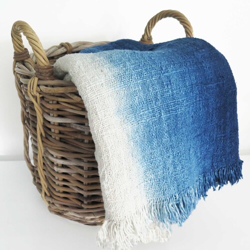 Handwoven Indigo Ombre Raw Cotton Throw Blanket With Fringes Etsy