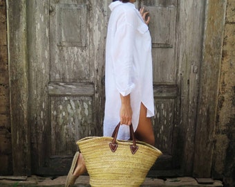 Linen oversized shirt, Beach cover up, Relaxed linen shirt dress in white, Buttoned long shirt with sleeves, Leisure t-shirt