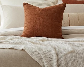 Handwoven Rust Cotton Cushion Cover, Bohemian Accent Pillow