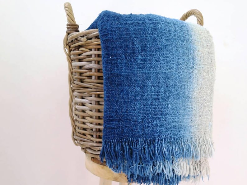 Handwoven indigo ombre raw cotton throw blanket with fringes 78x47 inches, 200 x120 cm