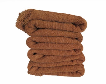 Handwoven Rust Cotton Throw Blanket, Boho Fringe