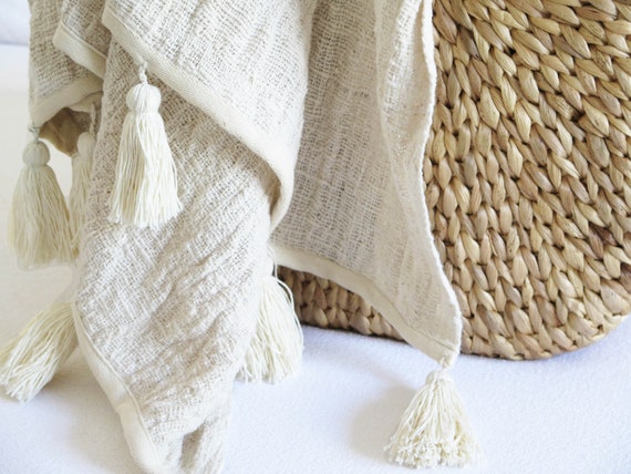 Ivory Handwoven Tassel King Throw Bohemian Home Decor 100