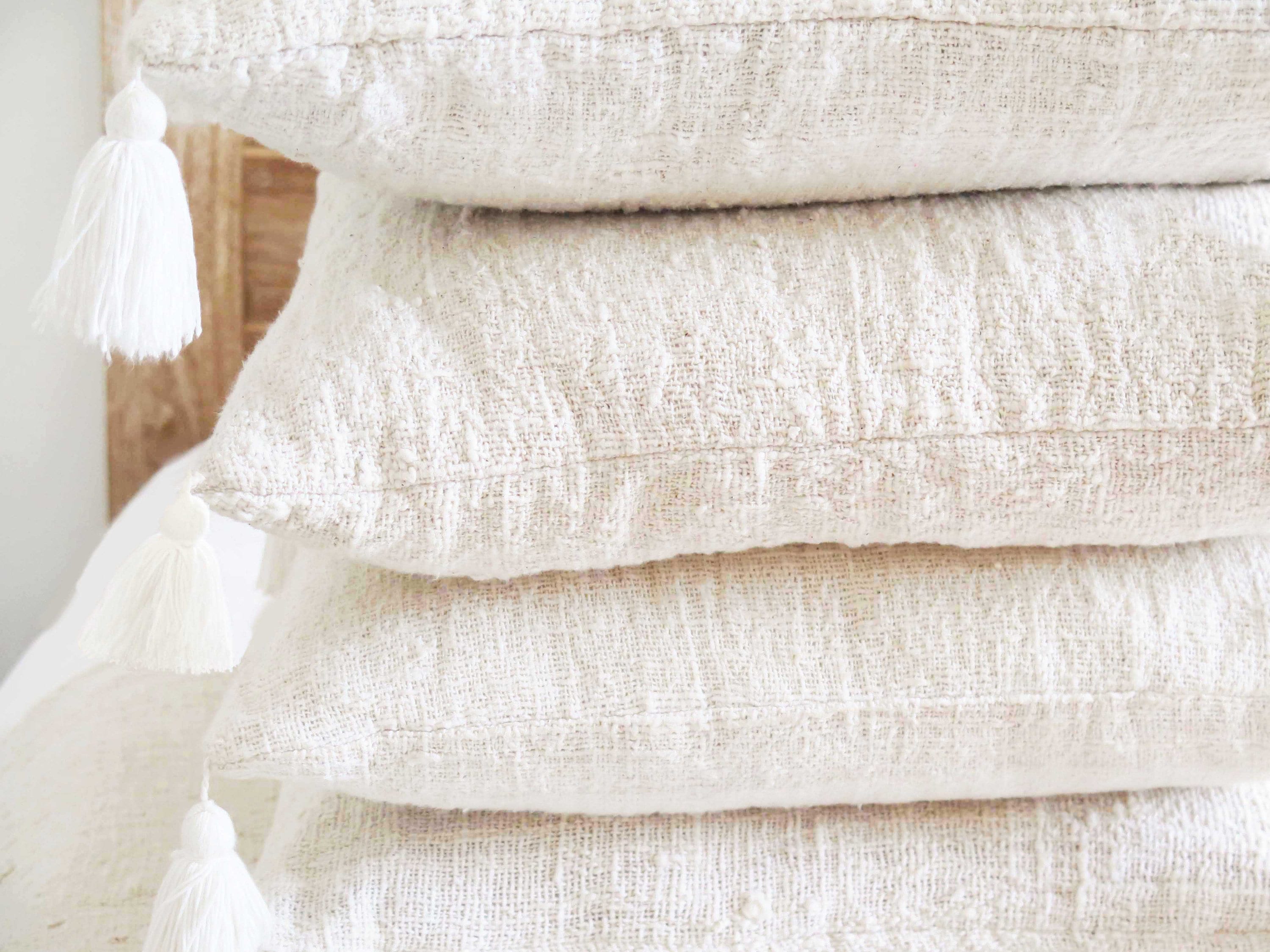 Ivoire Tassel Cushion Set Of 4, Handwoven Unprocessed Raw Cotton, Neutral Throw Pillow Set, Minimali