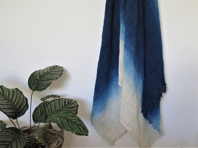 Handwoven indigo ombre raw cotton throw blanket with fringes 78x47 inches, 200 x120 cm