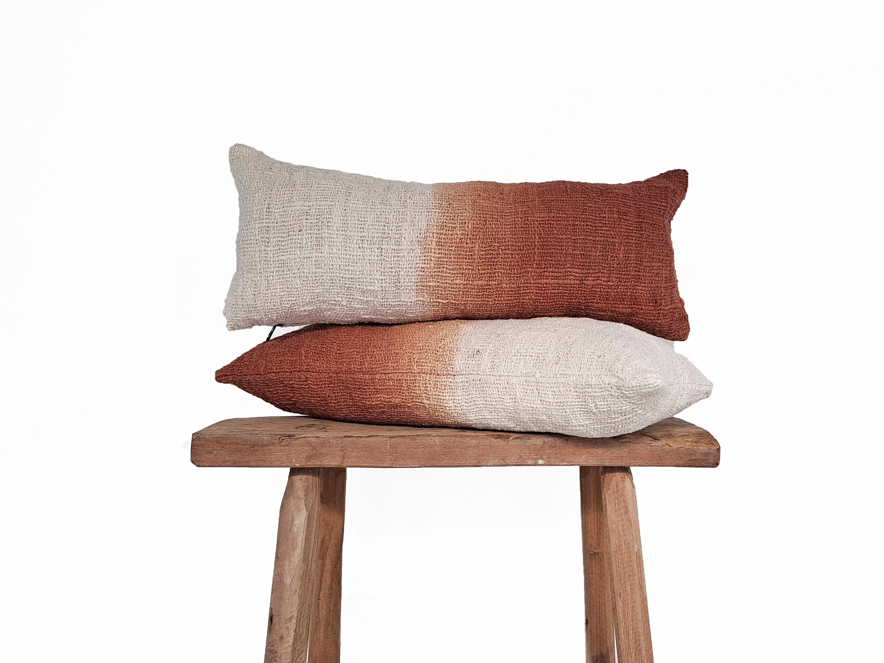 Set of 2 Burnt Orange Ombre Lumbar Cushion Covers, 20x8 Inches, Handwoven raw cotton, Plant dyes