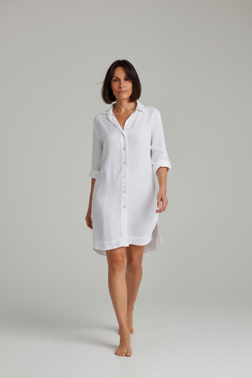 white linen beach shirt dress Organic Cotton Shirt Dress with Pockets | Relaxed Button-Down Maxi Dress - Beach Coverup- Bohemian Shirt Dress