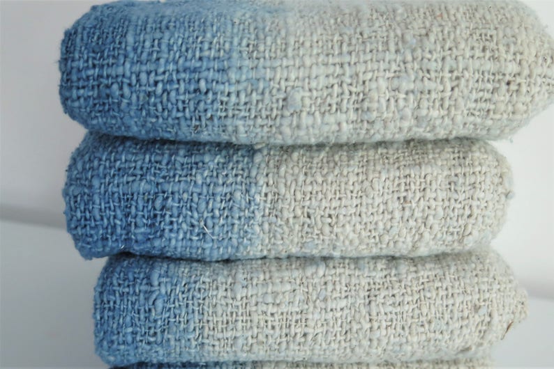 Handwoven indigo ombre raw cotton throw blanket with fringes 78x47 inches, 200 x120 cm