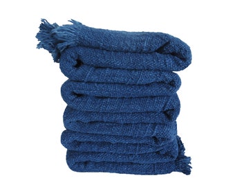 Handwoven Indigo Cotton Throw Blanket, Raw Organic Texture, Fringed