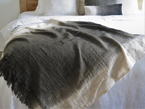 Handwoven Charcoal Black Ombre Raw Cotton Throw Blanket Etsy