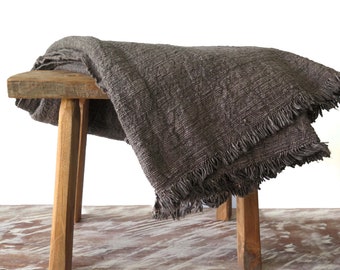 Deep grey fringed throw blanket, Large textured cotton throw, Handwoven, hand dyed raw cotton, Natural gift for mom,