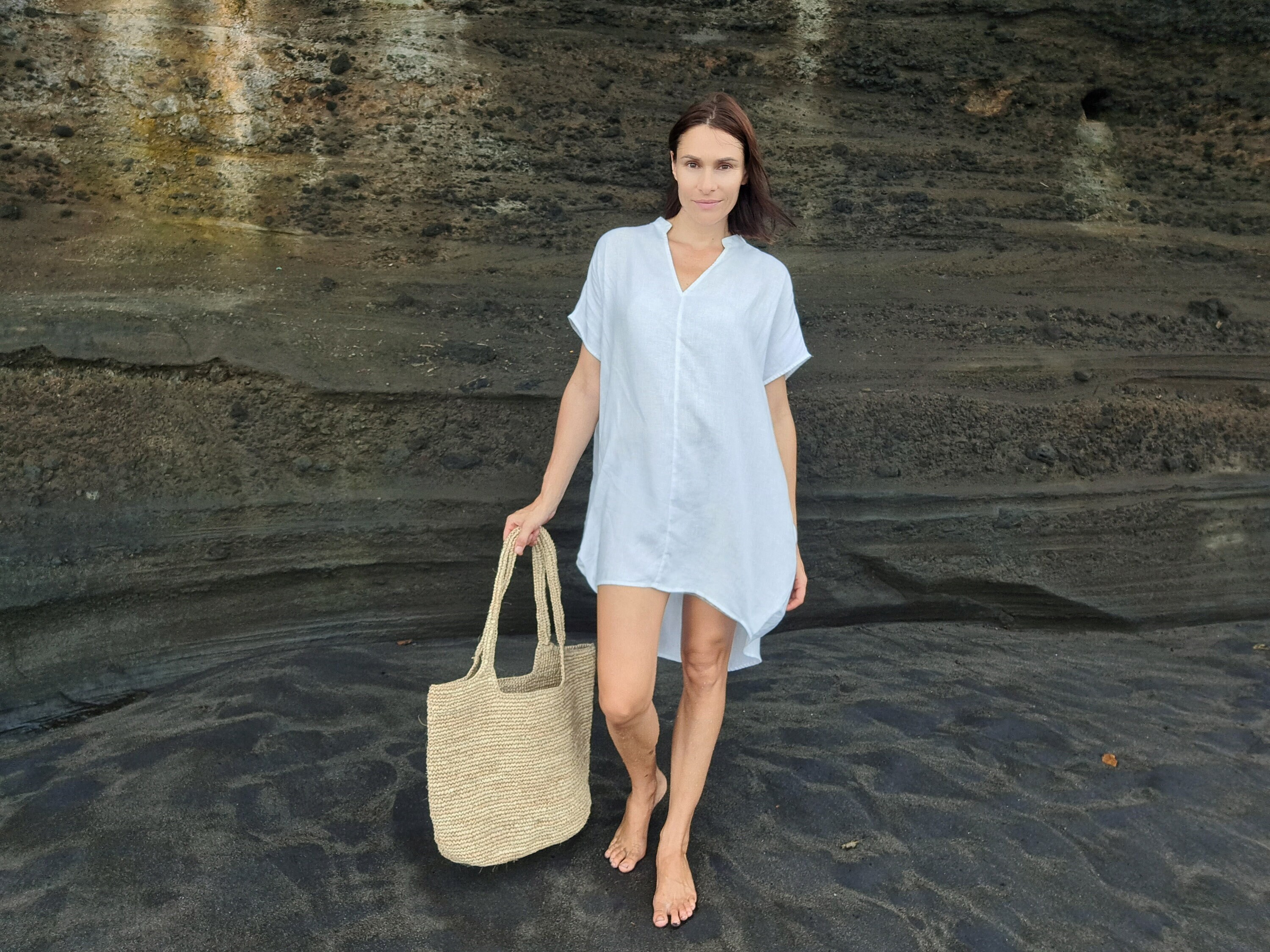 white linen beach shirt dress Midi | Breathable Outfit, Vacation Style Fancy Royal Blue Twirly Blue Summer through front Color:Twilight