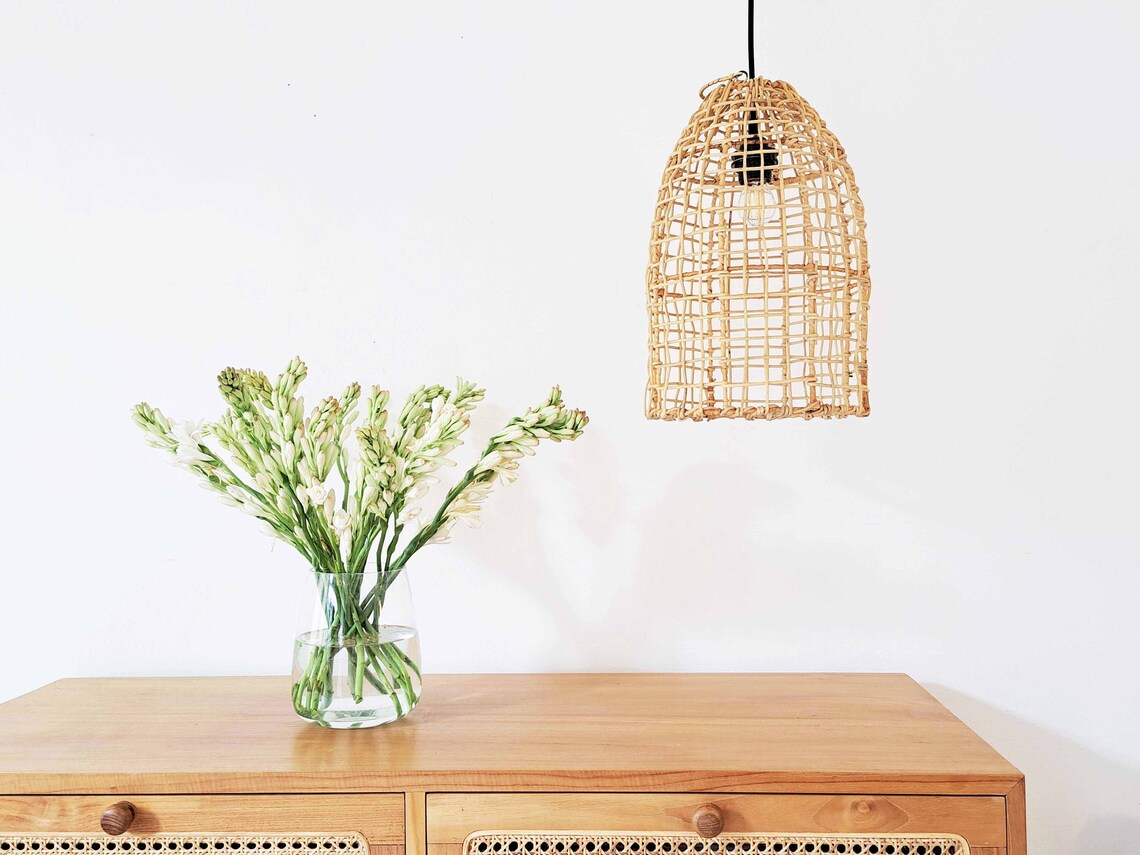 Handmade Rattan Lampshade, Wicker Hanging Lamp, Bohemian Woven