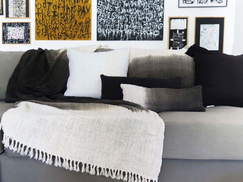 Bay window cushion Black home decor Handwoven Accent pillow Black throw cushion cover hand dyed raw organic cotton pillow