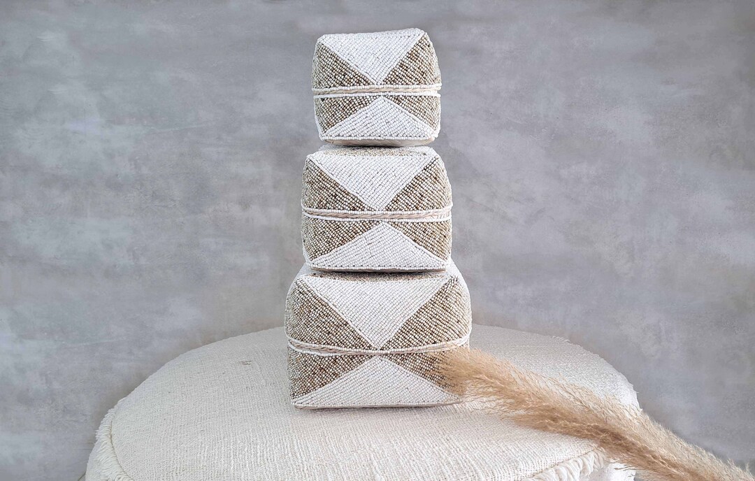 Decorative Beaded Box Set of 3, Handmade Beaded Basket, Decorative