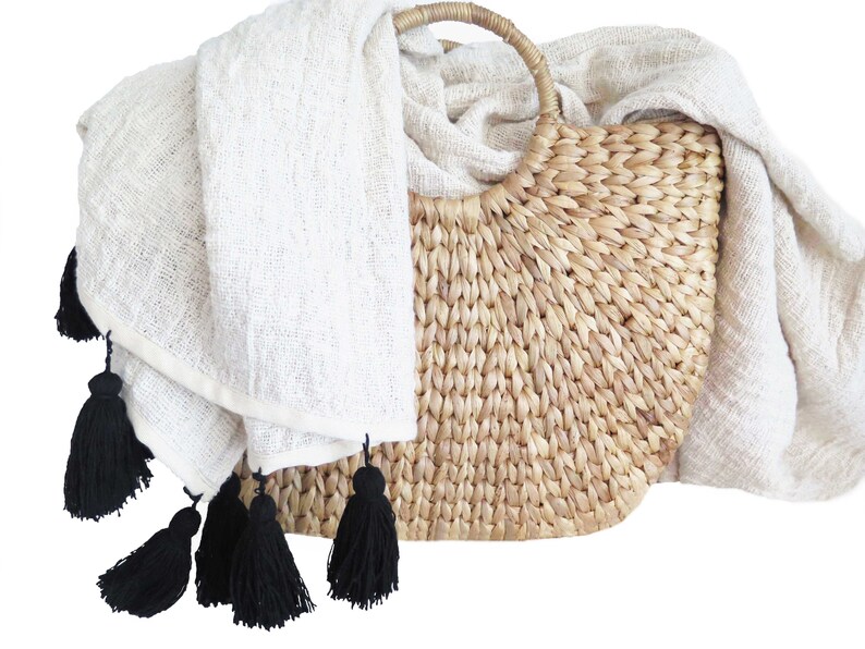 Ivory Throw With Tassels in Black Raw Cotton Blanket Boho Etsy
