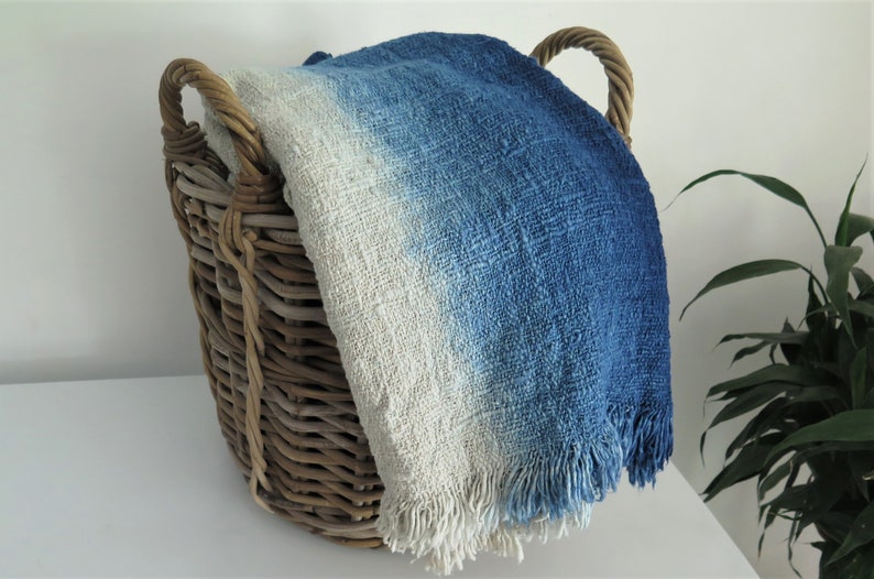 Handwoven indigo ombre raw cotton throw blanket with fringes 78x47 inches, 200 x120 cm