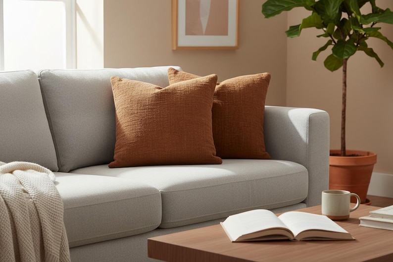 Puede incluir: Un sof&aacute; gris claro con dos cojines decorativos texturizados de color &oacute;xido. Una manta color crema est&aacute; sobre el brazo. Una mesa de centro de madera tiene un libro abierto y una taza. Una planta en maceta est&aacute; en el fondo.