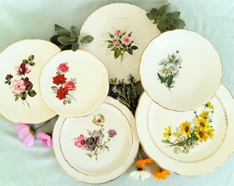 May include: Six white ceramic plates with gold trim and floral designs. The plates feature various floral patterns, including roses, daisies, and anemones.
