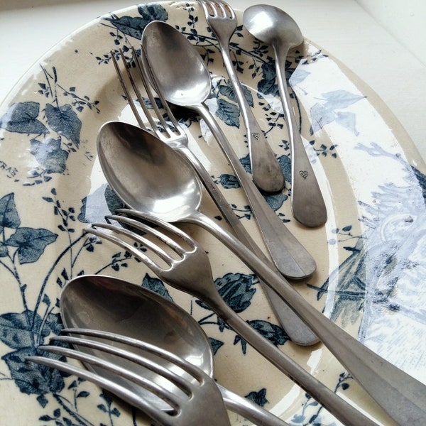 8 Antique Forks and Dessert Spoons. Antique Flatware. Shabby French Vintage Flatware. Antique Cutlery. Antique Spoons.
