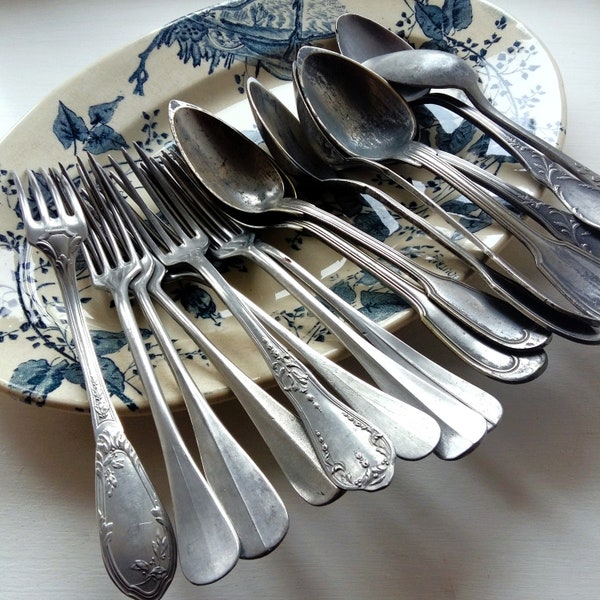 16 Antique Forks and Dessert Spoons. Antique Flatware. Shabby French Vintage Flatware. Antique Cutlery. Antique Spoons.