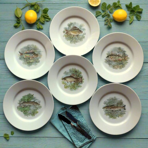 リモージュ磁器製魚皿セット：フランスの食器、釣り人へのギフト 