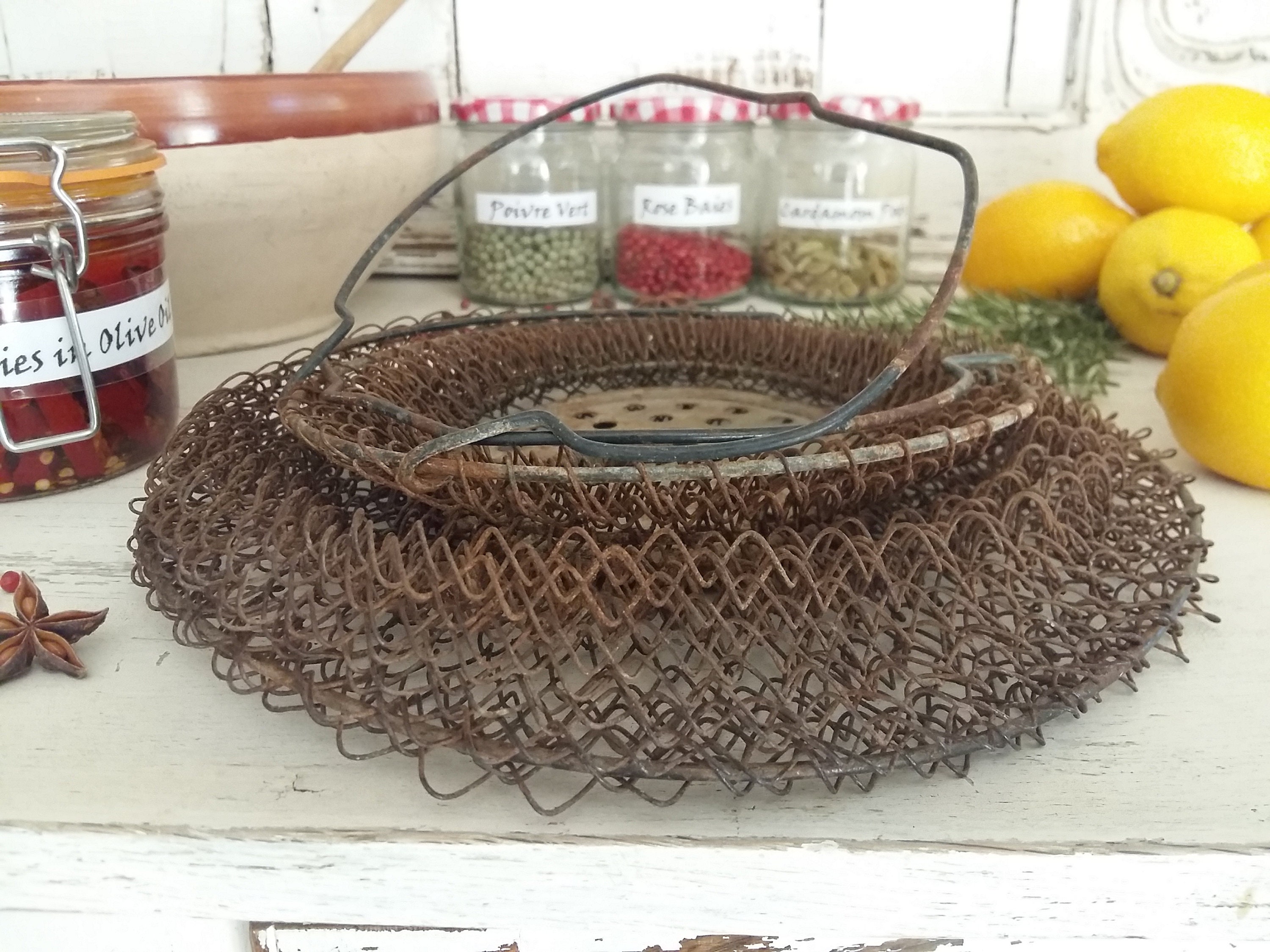 1950s Wire Fishing Basket. French Fish Basket. Industrial Kitchen Decor.  Lidded, Collapsible, Wire Hanging Basket. Fruit/vegetable Basket. 