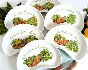 French Salad Plates: Crescent Side Dishes with Recipes, Set of 6
