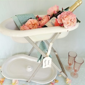 Enamel Baby Bath Tub with Lid, on Stand. Portable French Enamel Baby Tub with Folding Stand.