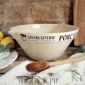 Huge French Stoneware Mixing Bowl: Vintage Charcuterie Butcher&#39;s Bowl