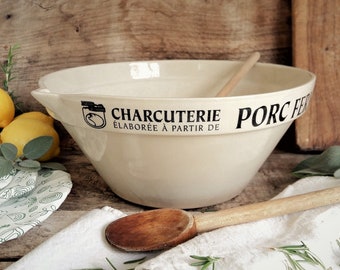 Huge French Stoneware Mixing Bowl. Pudding Basin. Beige / Grey Glazed Sandstone Charcuterie Bowl with Pouring Lip/ Spout, Butcher's Bowl.