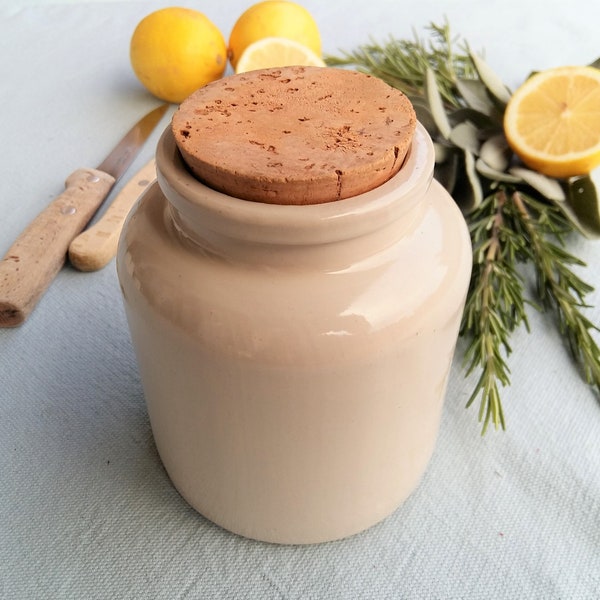 Stoneware Mustard Crock with Cork Stopper. French Antique White Mustard Jar for Farmhouse Kitchen Display & Country Kitchen Storage.