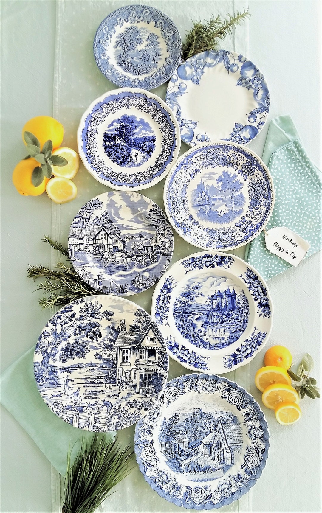 EIGHT Mix and Match Blue and White China Plates/dishes. Blue & Etsy