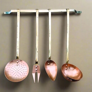Set of Copper Kitchen Utensils with Brass Handles and Hanging Rail