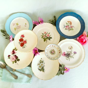 Eight Mismatched 1950s Floral Transferware Plates. Shabby Chic Roses. Vintage China.